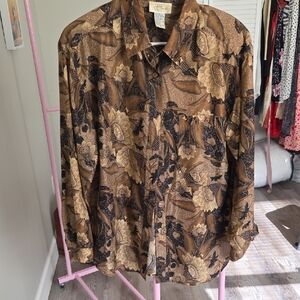 Brown and Black Button Down Shirt with Camouflage Pattern